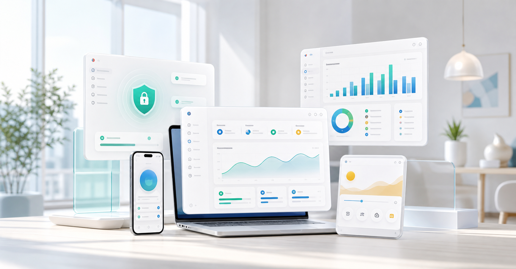 A bright modern collection of software screens showing privacy, analytics, and productivity interfaces.