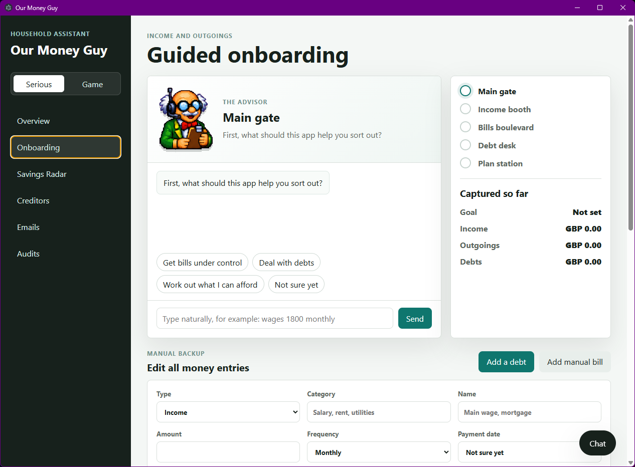 Our Money Guy guided onboarding screen.